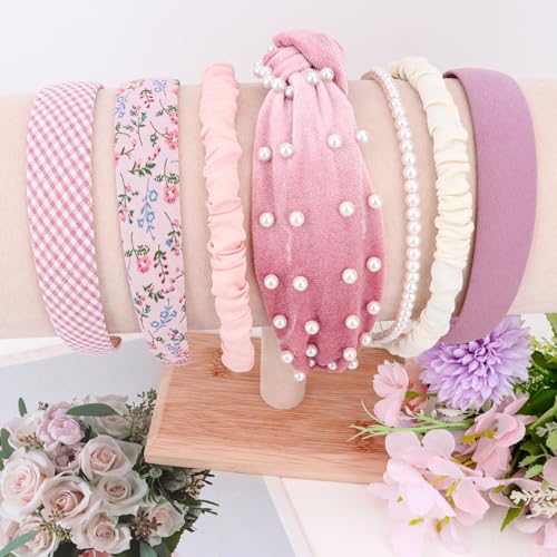 7 Pack Pink Headbands for Women & Girls - Non-Slip Pearl Beads