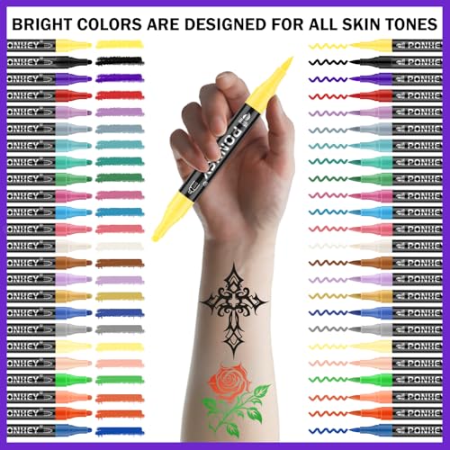 Ponhey Multicolor 24 Body Markers & 67 Tattoo Stencils Skin-Safe Face Paint Kit for Teens & Adults