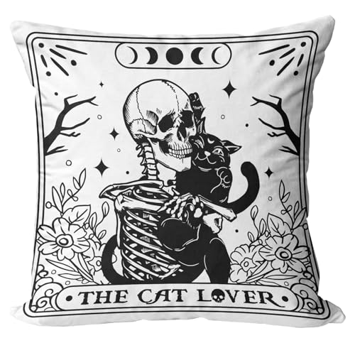 Gothic Skull Black Cat Pillow Cover - 18x18" Polyester Case