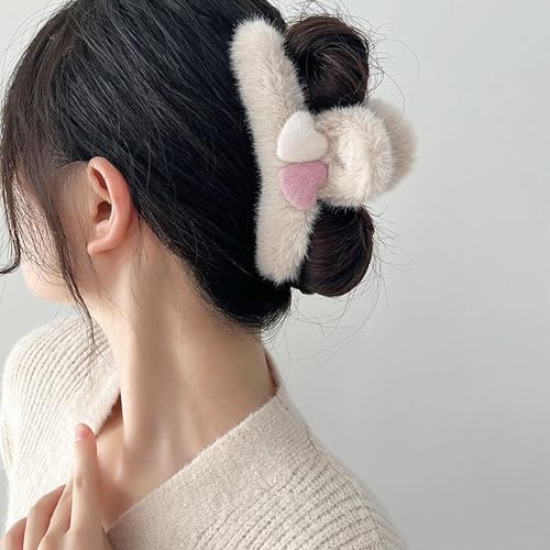 Rannyrena Heart Fuzzy Plush Hair Claw Clips Set of 5 for Women, Strong Grip & Non-slip