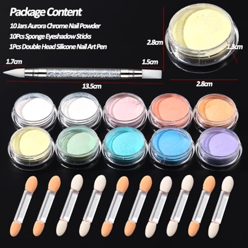 SUTOZMIWE 10 Colors Aurora Mermaid Pearl Chrome Nail Powder - Iridescent Aurora Effect