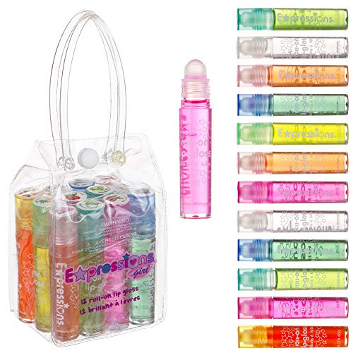 12pc Fruity Roll-On Lip Gloss Set with Carrying Case for Kids