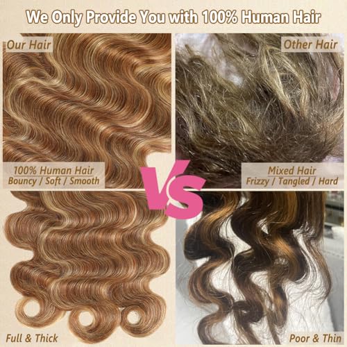 Seekomi Ombre 4/27 Body Wave Bundles Human Hair 14 16 18 20 Inch 12A 100% Virgin Highlight Colored Brown and Blonde 4 Bundles Double Weft Quick Weave for Women, 400g
