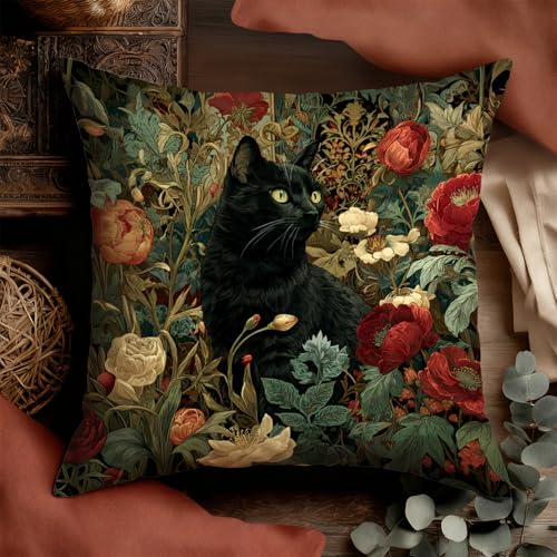 William Morris Inspired Vintage Black Cat Floral Pillow Cover - 18x18