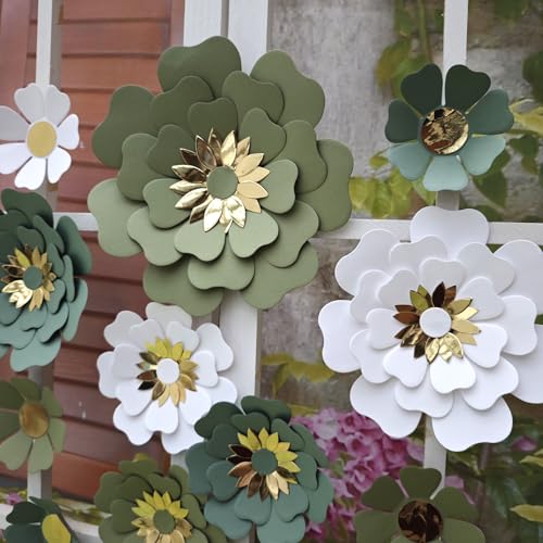 Dusty Green & White Paper Flower Set for Weddings & Nursery Decor - 12 Pack