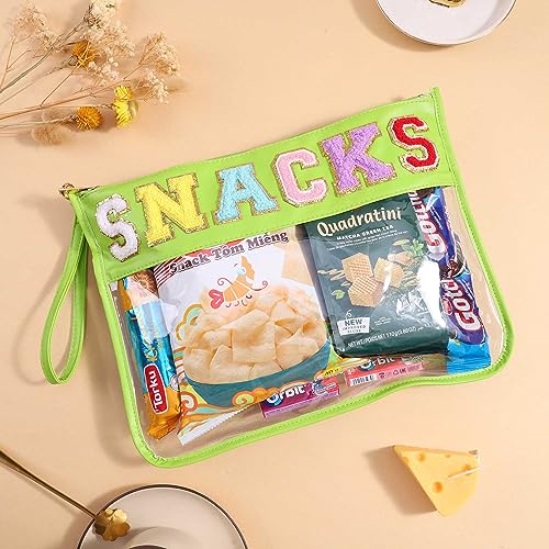 Clear Chenille Letter Tote Bag - Green SNACKS Transparent Waterproof Purse
