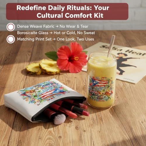 Festkulux 16oz Puerto Rico Glass Water Mug with Bamboo Lid & Straw, Cultural Gift Set