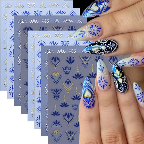 BMKKOT Bohemian Flower Nail Stickers Set - 8 Sheets Self-Adhesive 3D Nail Art Decals for Women DIY Manicure