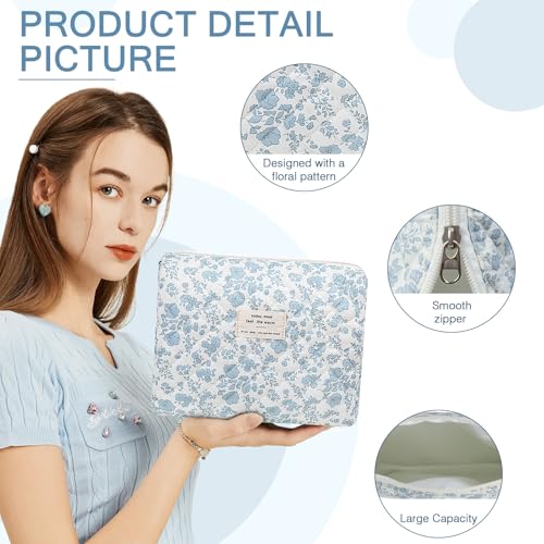 Gosect 2PC Blue Floral Makeup Bag Set for Women Girls Travel Cosmetic Organizer