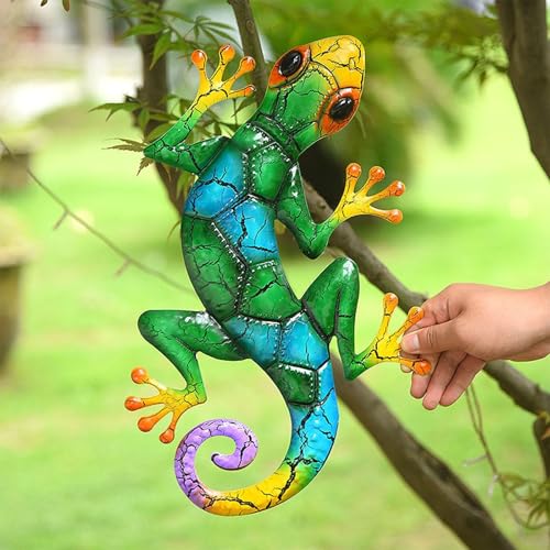 Metal Gecko Wall Decor - 16.9" Lizard Hanging Sculpture for Home & Garden