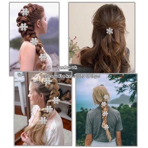 Sparkly Rhinestone Snowflake Hair Clips - 8 Metal Barrettes for Christmas