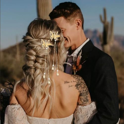 Gold Butterfly Hair Clips with Tassels for Women & Girls - Set of 2