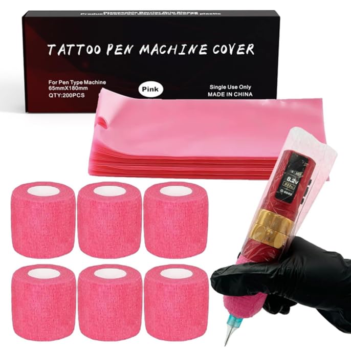 LEEYUKA 200Pcs Large Tattoo Pen Covers + 6 Grip Tapes Pink/Black Pink