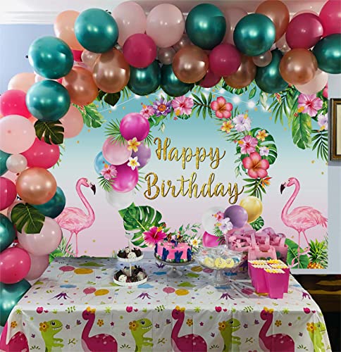 Tropical Hawaiian Birthday Backdrop - Flamingo & Palm Leaves 7x5FT