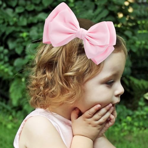 Pink 6 Inch Girl Hair Bows with Alligator Clips - Thick Ribbon Boutique Hair Accessories for Baby Girls, Toddlers & Kids - 2 Pack