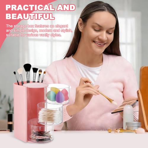 Pink Rotating Hair Accessories Organizer with Brush Holder, 3-Tier Storage