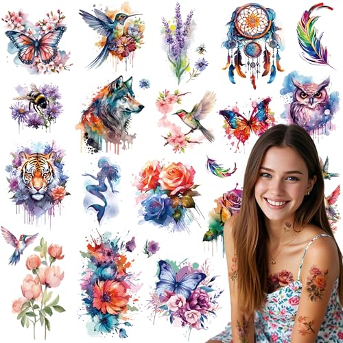 Watercolor Temporary Tattoos for Women - 8 Large Floral Designs