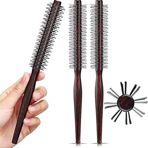 Mini Round Hairbrush Set for Short Hair, 3 Pack, 1 Inch Nylon Bristles, Wooden Handle for Pixie Cuts & Volume