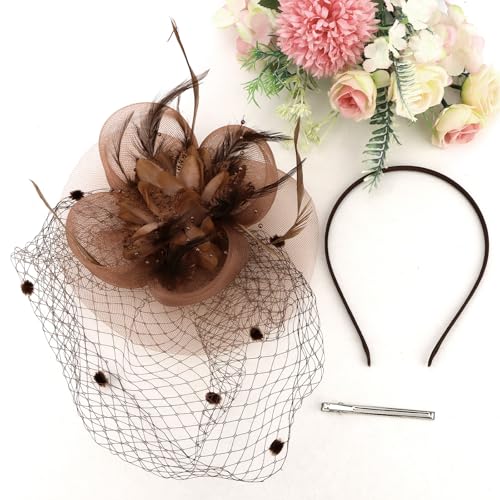 Reddish Brown Fascinators Hat for Women Mesh Feathers Tea Party Derby Headband with Hair Clip