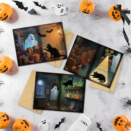 SuperShunhu Halloween Card Set - 24 Blank Note Cards with Cats & Ghosts