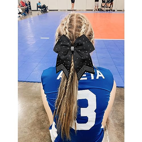 CEELGON 12 Pack Black Rhinestone Cheer Bows 7-Inch Ponytail Holders for Cheerleaders Girls Sports