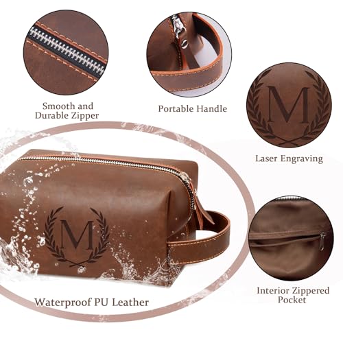 Aganmi Reddish Brown PU Leather Travel Toiletry Bag with Initials - Men's Shaving & Grooming Organizer