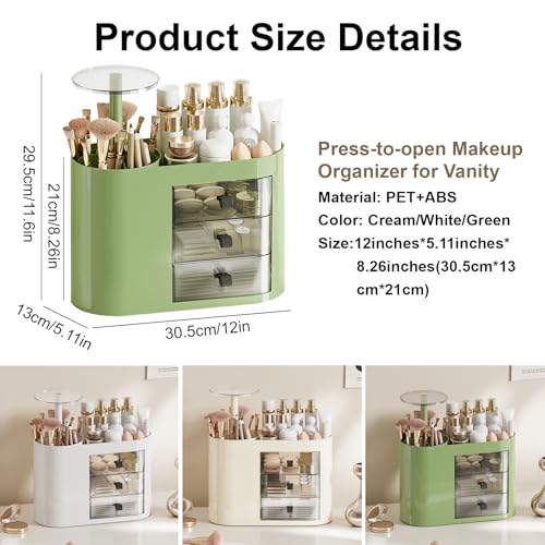 DASITON Makeup Organizer with 3 Drawers & Automatic Pop-Up Brush Holder