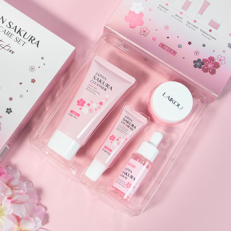LAIKOU Sakura Skin Care Set - 4-Piece Facial Travel Kit for Hydration