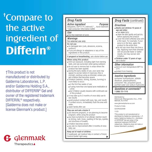 Glenmark Therapeutics Adapalene Gel 0.1% Acne Treatment 45g - Paraben-Free Topical Retinoid for Face