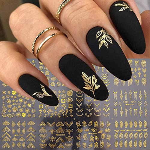 Gold Flower Nail Art Stickers - 12 Styles Self-Adhesive Decals