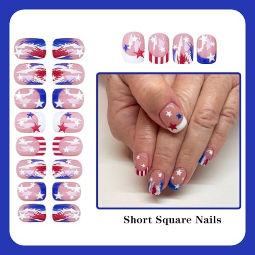 MINGCHUN 4th of July Short Square Blue & White French Press-On Nails with Star Design, 24Pcs - Model A28