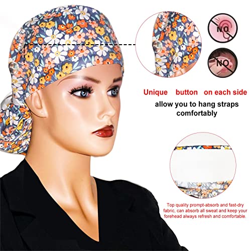 Daisy Scrub Cap with Buttons - Adjustable Cotton Hat for Ponytail