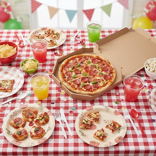 48-Count Pizza Themed Paper Plates - 9 Inch Red Gingham & Tomato Design