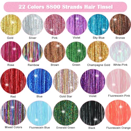 22 Color Hair Tinsel Kit - 8800 Strands Glitter Extensions