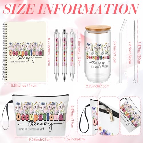 Flower Occupational Therapy Gift Set for Therapists - 6 Pcs with Makeup Bag, Glass Cup, Notebook & Pens
