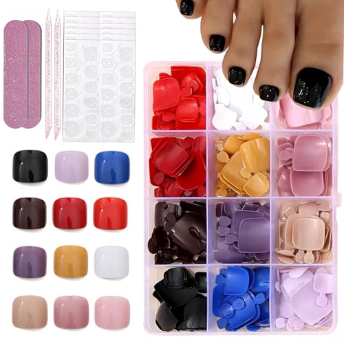 288Pcs Short Square Press On Toenails - Style 13, 12 Colors