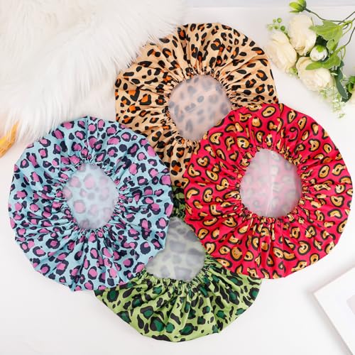 Leopard Print Shower Caps for Women - 4 PCS Waterproof Set