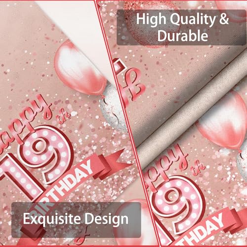 Pink Glitter Happy 19th Birthday Tablecloth - 53 x 108 in