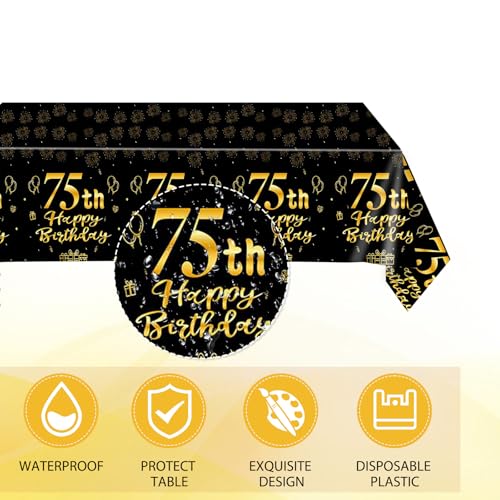 75th Birthday Decorations Kit - Black & Gold Party Supplies (41 Pcs)
