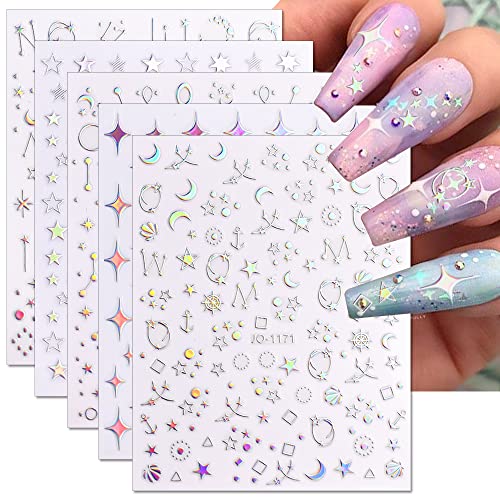 Dornail Silver Star Moon Planet Nail Stickers - 6 Sheets Holographic DIY Nail Decals