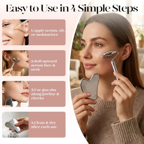 BAIMEI Stainless Steel Gua Sha and Face Roller Set for Depuffing