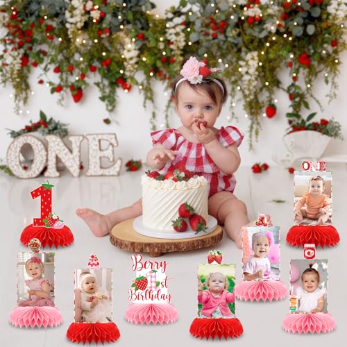 Berry First Birthday Honeycomb Decorations - 8 Pcs Table Topper Set