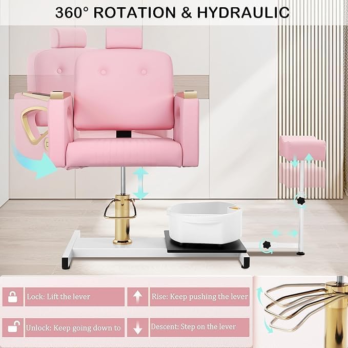 Pink Spa Pedicure Chair - No Plumbing, Portable 360° Rolling Stool | Nail Tech Beauty Salon Equipment