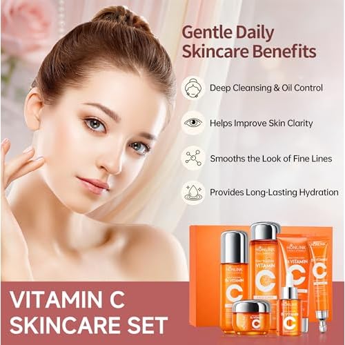 6-Piece Hydrating Vitamin C Skincare Set with Niacinamide, Daily Face Care Routine Includes Cleanser, Toner, Serum, Moisturizer, Eye Cream & Body Lotion for Self Care
