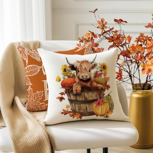 Highland Cow Fall Pillow Covers Set of 4 - 20x20 Inch Decorative Cases