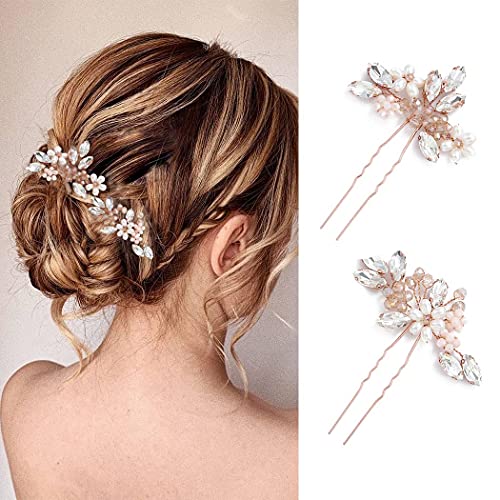 Unicra Bridal Flower Hair Pins - Rose Gold Crystal & Pearl Wedding Clips (2)