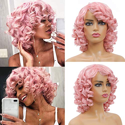 Pink Curly Wig for Women - Short Bouncy Afro Style with Bangs - Cosplay & Party Costume