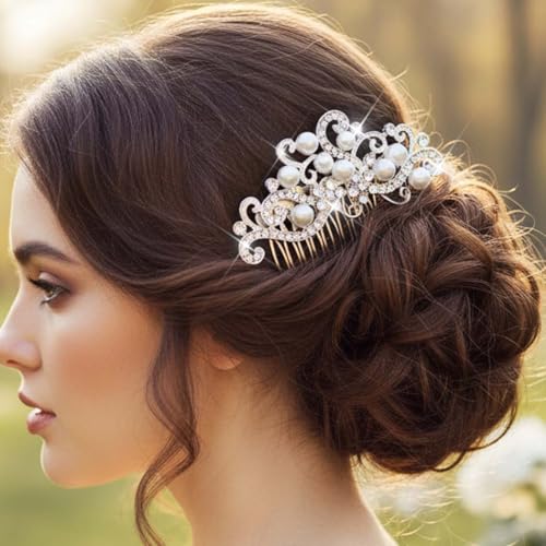 Yean Silver Rhinestone Bridal Hair Comb with Pearls - Wedding Hair Accessories for Women