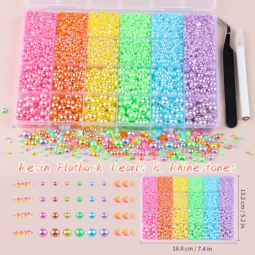 Rainbow Pearl Flatback Pearls & Rhinestones Craft Kit - 24Grid Kikonoke