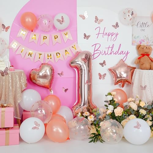 Rose Gold 1st Birthday Decoration Set with Foil Balloons & Banner